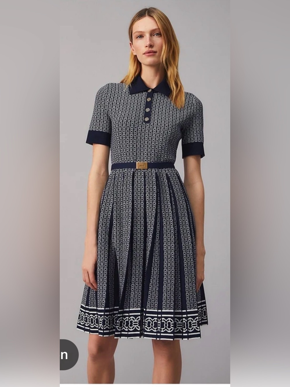 Tory Burch Tory Navy & Classic Ivory White Gemini Link Jacquard Pleated Dress - Picture 4 of 8